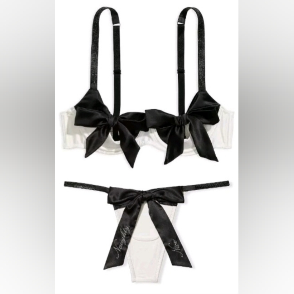 L/L VS Shine Strap Peekaboo Balconette Bra Naughty Nice Cheekini Panty Set
